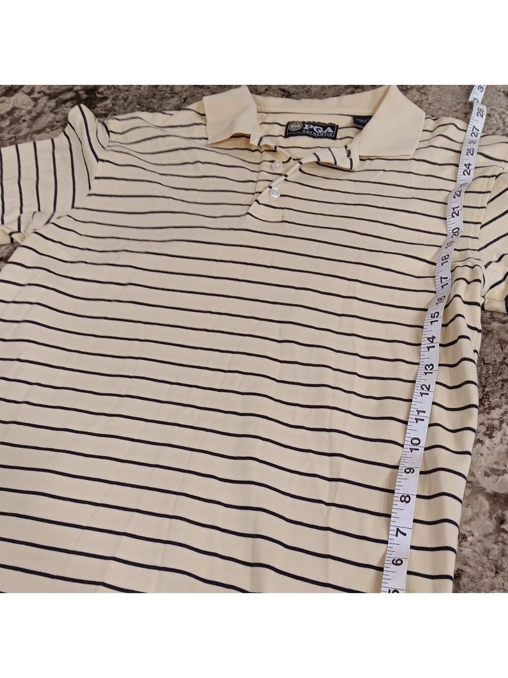 Mens Small PGA Authentic Yellow Collar T-Shirt with Deep Blue Stripes